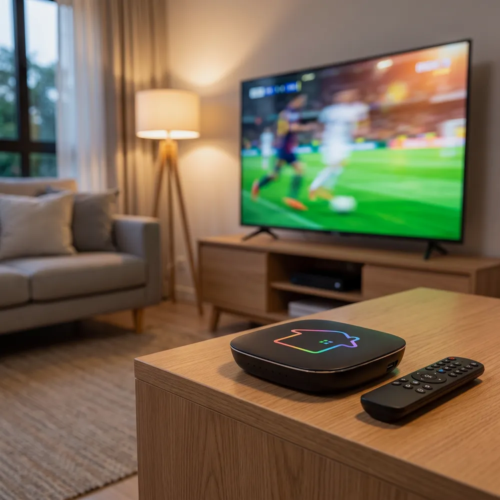 HTV 9 instalado na sala, ligado à TV